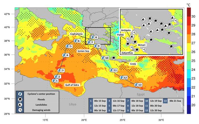 Εικόνα 1. Η πορεία που διένυσε ο Μεσογειακός Κυκλώνας Ιανός (μαύρη καμπύλη) μεταξύ 15 και 21 Σεπτεμβρίου 2020 και οι περιοχές που δέχθηκαν πλημμύρες, κατολισθήσεις και καταστροφικούς ανέμους (ένθετος χάρτης).   Πηγή: meteo.gr - https://www.meteo.gr/article_view.cfm?entryID=1951