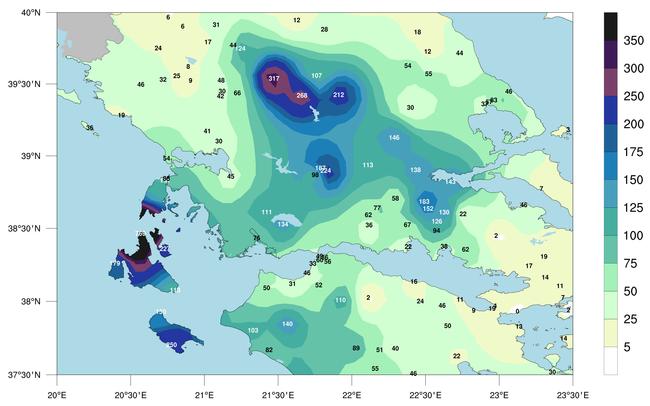 Εικόνα 2. Συγκεντρωτικά ύψη βροχής (mm) στην Κεντρική και Δυτική Ελλάδα μεταξύ 17-18 Σεπτεμβρίου 2020 (48 ώρες) όπως καταγράφηκαν από τους μετεωρολογικούς σταθμούς του Εθνικού Αστεροσκοπείου Αθηνών/meteo.gr και του Ιονίου Πανεπιστημίου.   Πηγή: meteo.gr - https://www.meteo.gr/article_view.cfm?entryID=1951